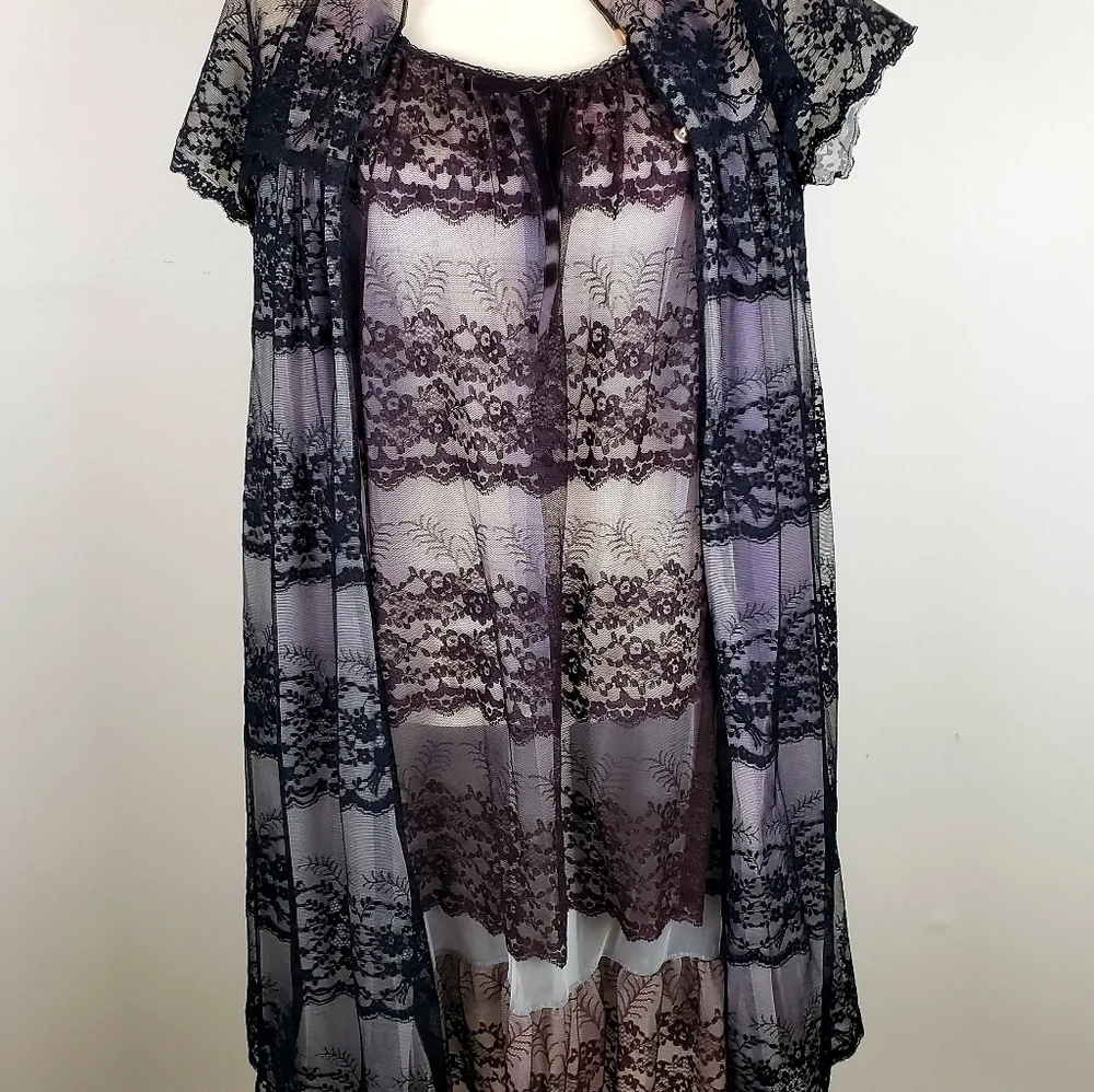 Vintage Van Roalte Radcliffe Lace Negligee Set Nightie and Robe S Black EUC - Picture 2 of 16